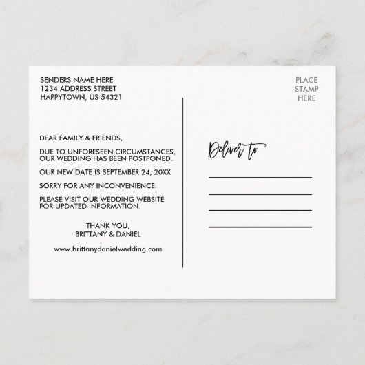 Neues Datum ändern Datum Modernes Pinselskript Postkarte (Rückseite)