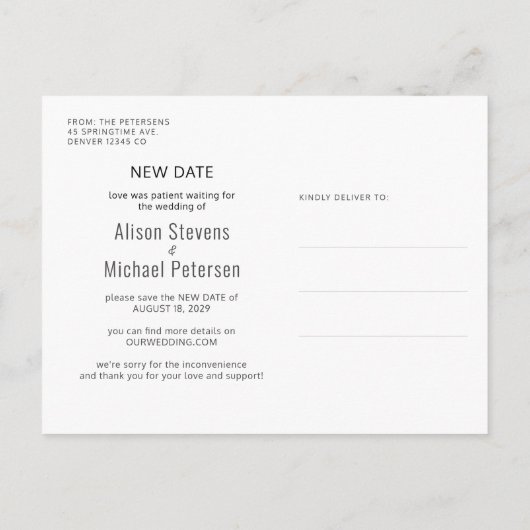 Neues Datum Hochzeit versuchen Sie dieses erneut r Ankündigungspostkarte (Rückseite)