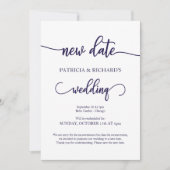 Neues Datum verschoben Hochzeit Navy Blue Script Einladung (Vorderseite)
