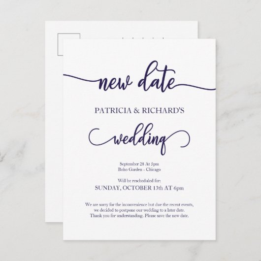 Neues Datum verschoben Hochzeit Navy Blue Script Postkarte (Vorne/Hinten)