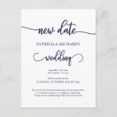 Neues Datum verschoben Hochzeit Navy Blue Script Postkarte (Vorderseite)