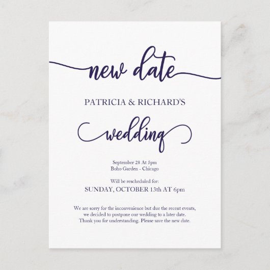Neues Datum verschoben Hochzeit Navy Blue Script Postkarte (Vorderseite)