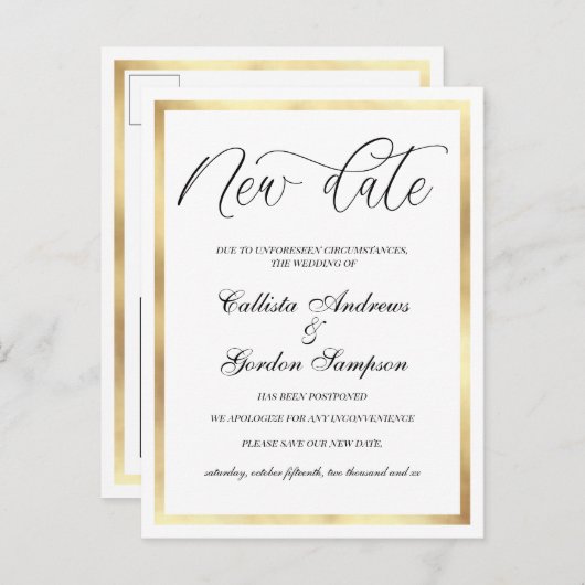 Neues Datum Weiße Goldgrenze verschoben Hochzeit Ankündigungspostkarte (Vorne/Hinten)