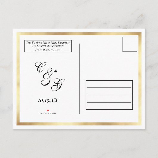 Neues Datum Weiße Goldgrenze verschoben Hochzeit Ankündigungspostkarte (Rückseite)