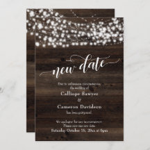 Neues Datum Wood & Lights Hochzeitskarte verschobe