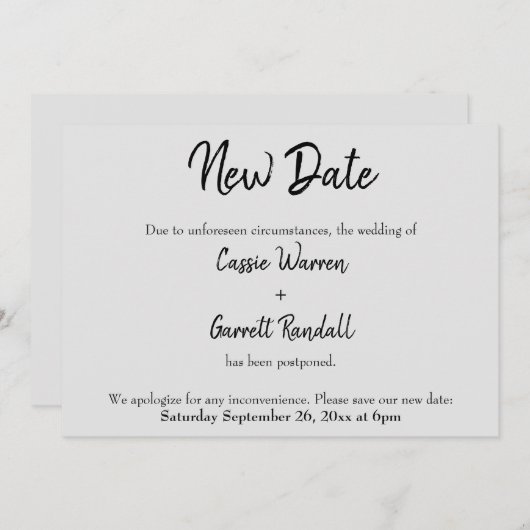 "Neues Datum" Zurückgestellt Hochzeitschwarz auf d Einladung (Vorne/Hinten)