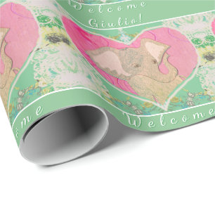 Neues grünes, rosa Wrapping Paper für Baby Elephan Geschenkpapier