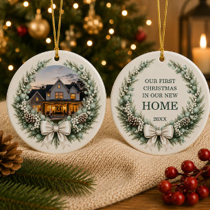 Neues Haus Weihnachts-Foto-Kranz-Schleife Keramik Ornament