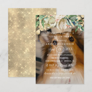 Neues Haustier-Hund-Foto Blumen Brunch Glanz Gold Einladung
