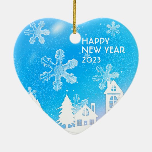 Neues Jahr 2023 im blauen Weißen Schneehaus Keramik Ornament (Hinten)