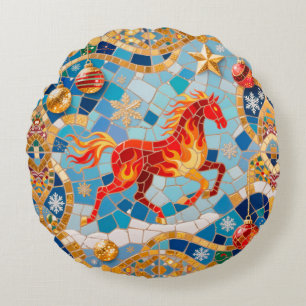 Neues Jahr 2026 Red Fiery Horse Weihnachtsmuster Rundes Kissen
