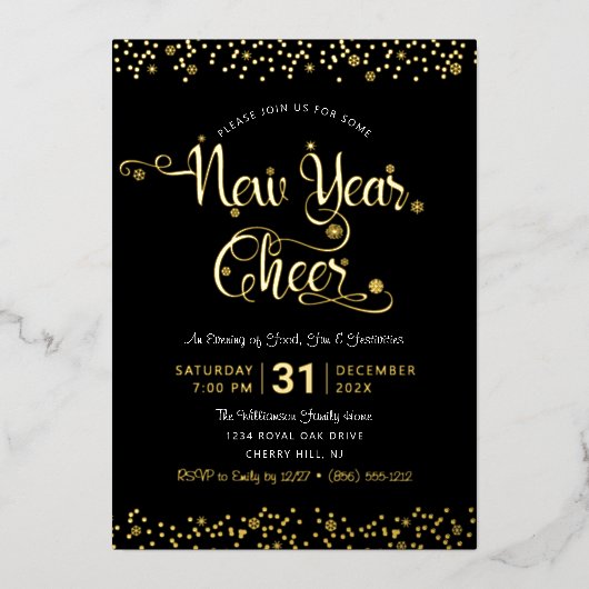 Neues Jahr Chefskript Party Chic Black Real Gold Folieneinladung (Vorderseite)