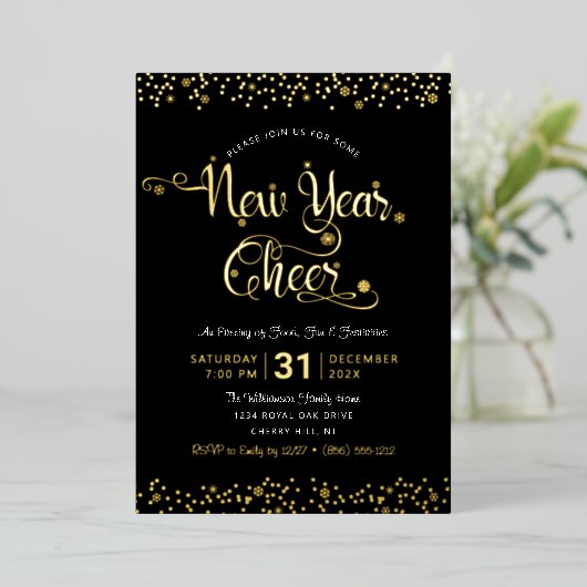 Neues Jahr Chefskript Party Chic Black Real Gold Folieneinladung (Stehend vorne)