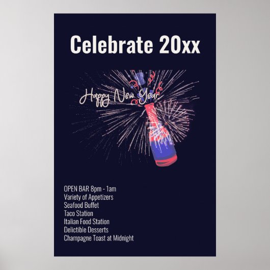 Neues Jahr Feuerwerk Champagner Celebration Menü Poster (Vorne)