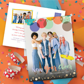 Neues Jahr Freude Farben & Spaß Confetti Dots Foto Feiertagspostkarte
