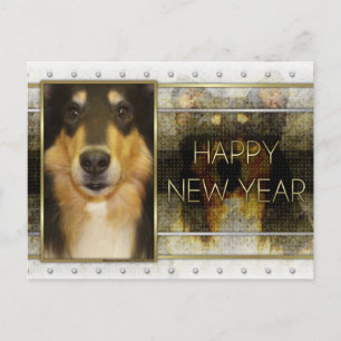 Neues Jahr - Goldene Elegante - Collie - Caroline Feiertagspostkarte