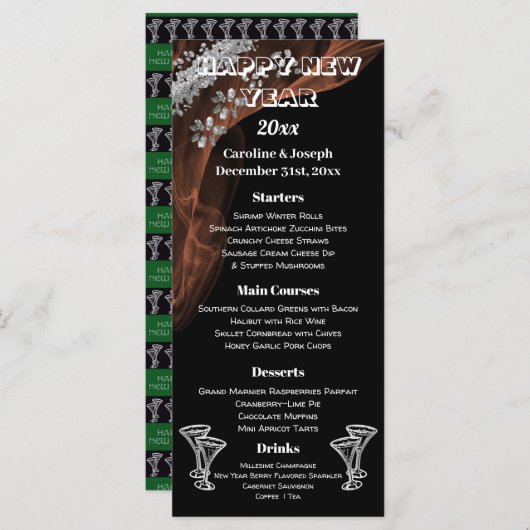 Neues Jahr-Menü und Champagner-Brillen aus Schwarz Menükarte (Vorne/Hinten)
