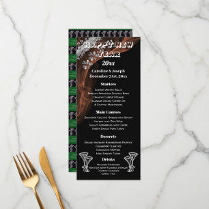 Neues Jahr-Menü und Champagner-Brillen aus Schwarz Menükarte