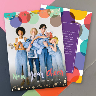 Neues Jahr Spaß & buntes Confetti Dots Foto Feiertagskarte