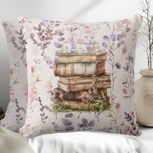 Neues Kapitel Aquarell, Buchstapel Wildblumen Kissen