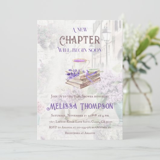 Neues Kapitel Beginnen Lavendel Tea Brunch Babydus Einladung (Stehend Vorderseite)