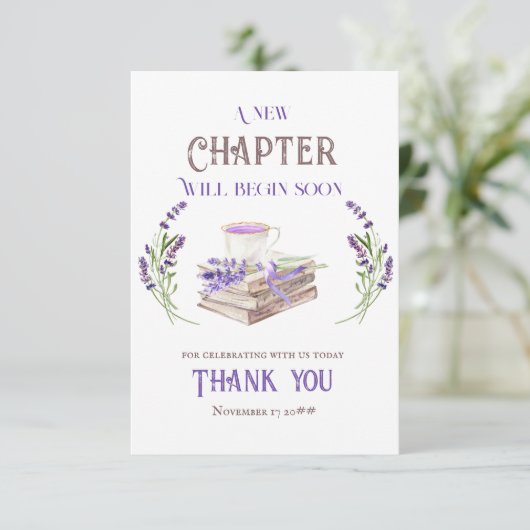 Neues Kapitel Beginnt bald Lavendel Bücher Kinderd Dankeskarte (Stehend Vorderseite)