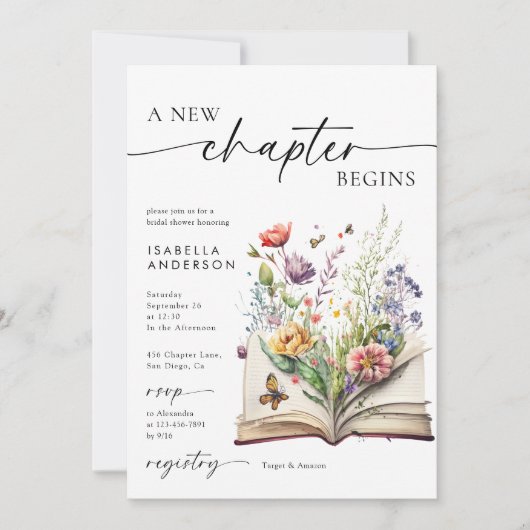 Neues Kapitel beginnt mit dem Brautparty Blumenbuc Einladung (Vorderseite)