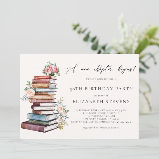 Neues Kapitel Buch Lover Bookworm Erwachsene Gebur Einladung (Stehend Vorderseite)