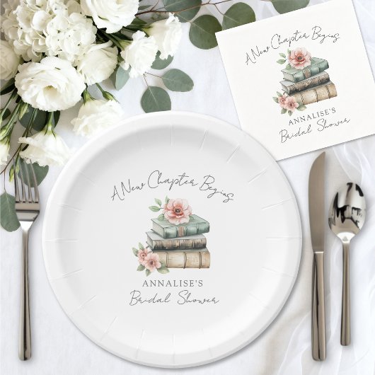 Neues Kapitel Florales Buch Brautparty Pappteller