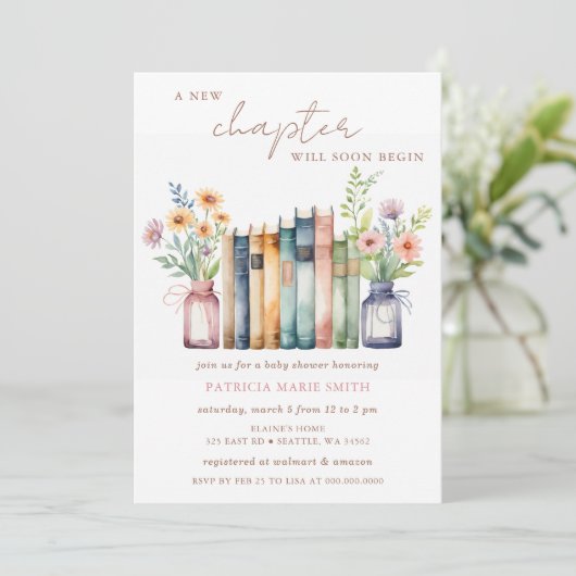 Neues Kapitel Geschichte Buch Gender Neutral Baby Einladung (Stehend Vorderseite)