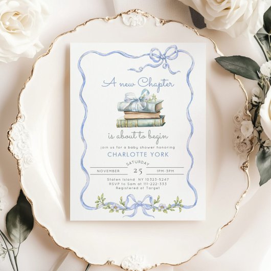 Neues Kapitel Storybook Blue Bow Baby Dusche Einladung