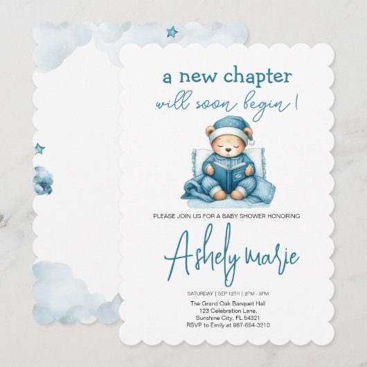 Neues Kapitel Teddy Blue Junge Babydusche Bär Einladung (Vorne/Hinten)