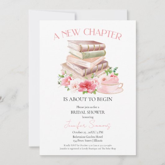 Neues Kapitel | Tee & Bücher Wasserfarben-Brautpar Einladung (Vorderseite)