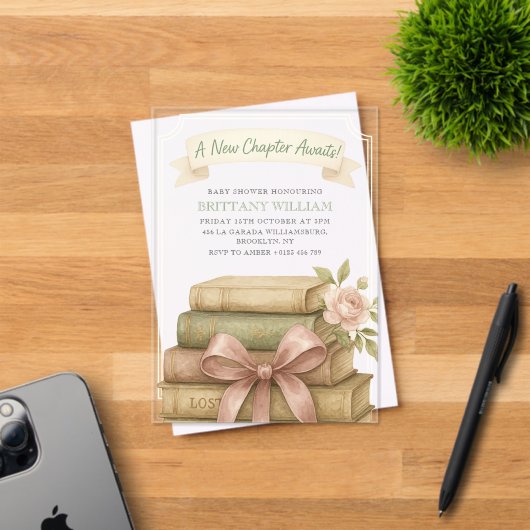 Neues Kapitel wartet auf Pink Bow Baby Dusche Acryleinladungen (Insitu (Einladungskarte))