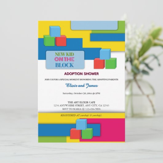 Neues Kind auf der Adoption Blockfoster Kinderdusc Einladung (Stehend Vorderseite)