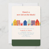 Neues Kind in der farbenfrohen Nachbarschaft Einladung (Vorderseite)