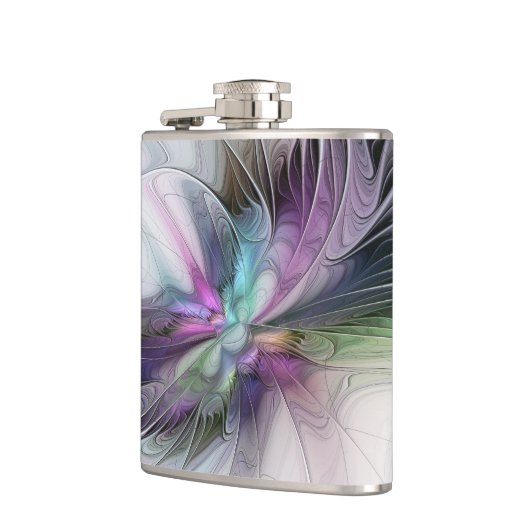 Neues Leben, buntes Abstraktes Fraktal Kunstfantas Flachmann (Links)