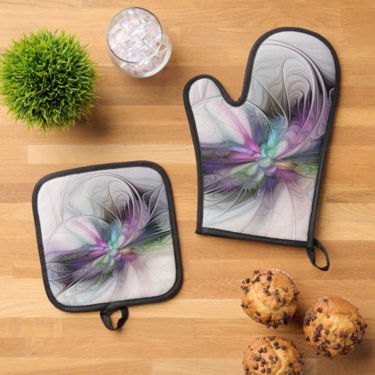 Neues Leben, buntes Abstraktes Fraktal Kunstfantas Ofenhandschuh & Topflappen-Set (Oben Unten)