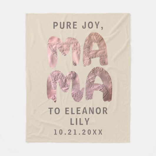 Neues Mama Whimsical Beige Pink Neugeborener Datum Fleecedecke (Vorderseite)