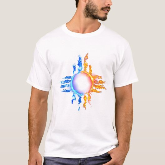 Neues Mexiko-Zia-Symbol in rot und blau Flammen T-Shirt (Vorderseite)