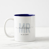Neues MR Individuelle Name Wedding Date Blue Zweifarbige Tasse (Links)