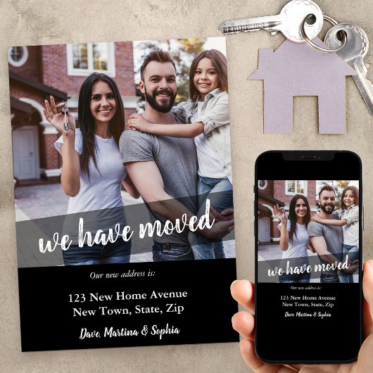 Neues Zuhause-Foto Wir haben Brush-Script-Overlay Ankündigung