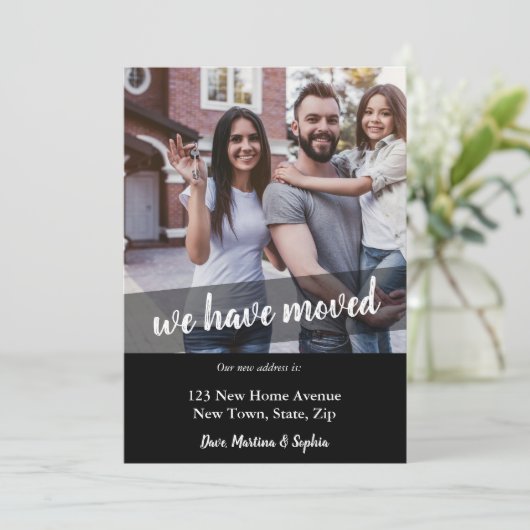 Neues Zuhause-Foto Wir haben Brush-Script-Overlay Ankündigung (Stehend Vorderseite)