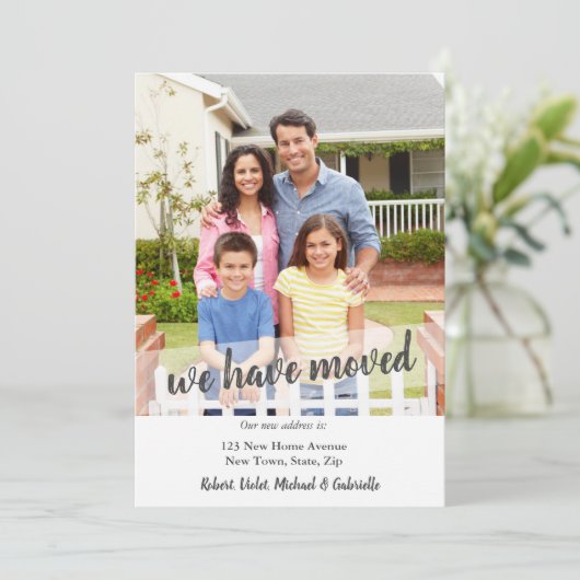 Neues Zuhause-Foto Wir haben Brush-Script-Overlay Ankündigung (Stehend Vorderseite)