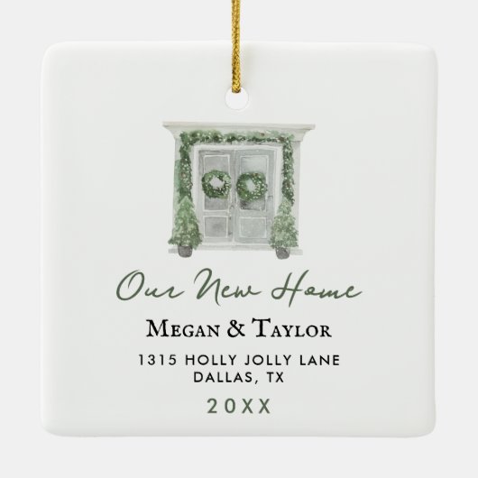 Neues Zuhause-Geschenk Unser neues Zuhause Holiday Keramikornament (Rückseite)