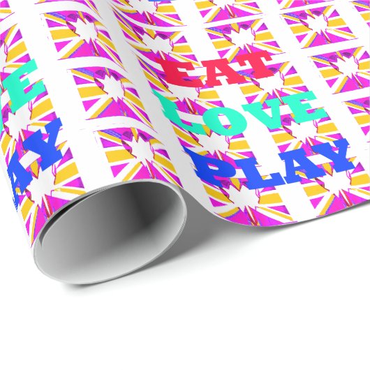 Neueste farbenfrohe Liebe Eat Play Herztextdesign Geschenkpapier (Rolleneckpunkt)