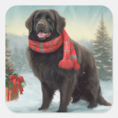 Neufundland Hund in Schnee Weihnachten Quadratischer Aufkleber (Vorderseite)