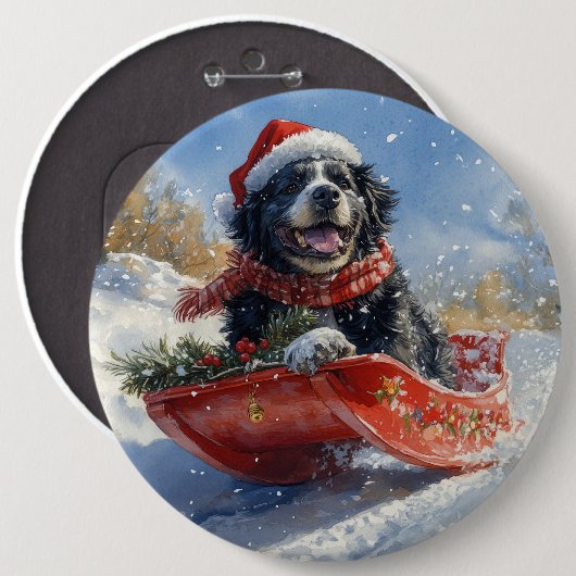 Neufundland Hund in Sledge Let it Snow Christmas Button (Vorne & Hinten)