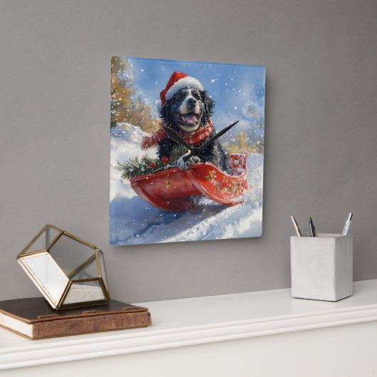 Neufundland Hund in Sledge Let it Snow Christmas Quadratische Wanduhr (Büro)