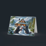 Neufundland Hunde Gebäude a Snowman Card Feiertagskarte<br><div class="desc">Zwei Neufundland Hunde Gebäude ein Schneemann</div>